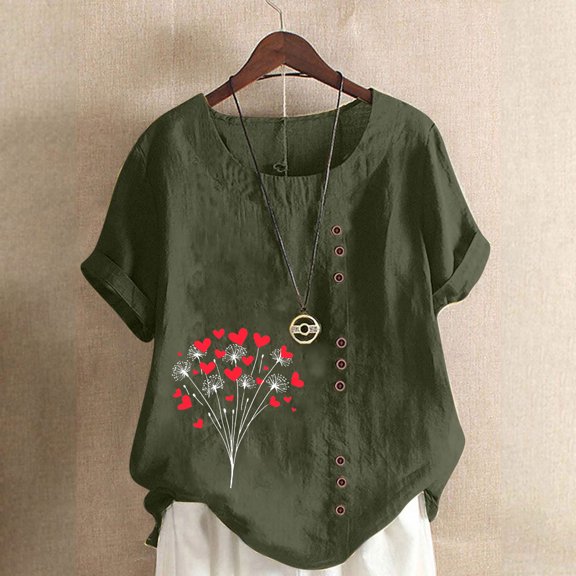 GSPCLAM Womens Cotton Linen Shirts Plus Size Floral Print Short Sleeve Tops for Outdoor Summer Crew Neck Loose Casual Shirts Army Green