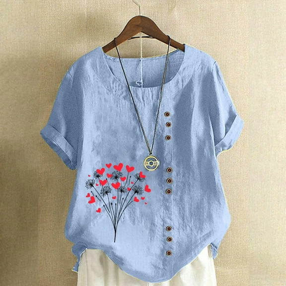 GSPCLAM Womens Cotton Linen Shirts Plus Size Floral Print Short Sleeve Tops for Outdoor Summer Crew Neck Loose Casual Shirts Light Blue