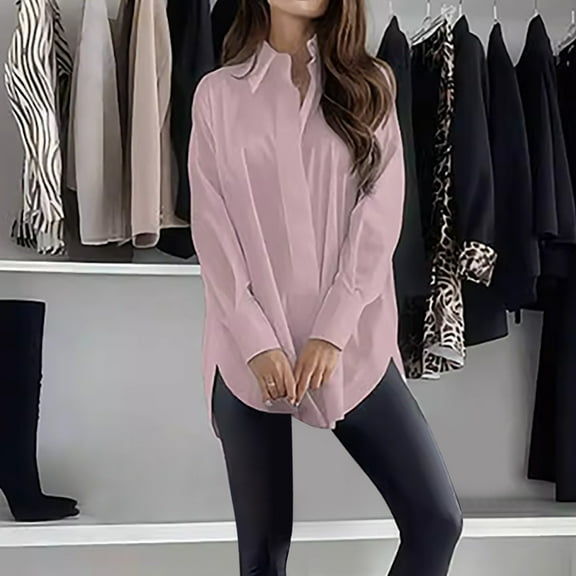 GSPCLAM Womens Long Sleeve Tops Solid Color Loose Fit Turndown Tops for Working Side Split Fall Tunic Turndown Collar Breathable Clothes Pink S