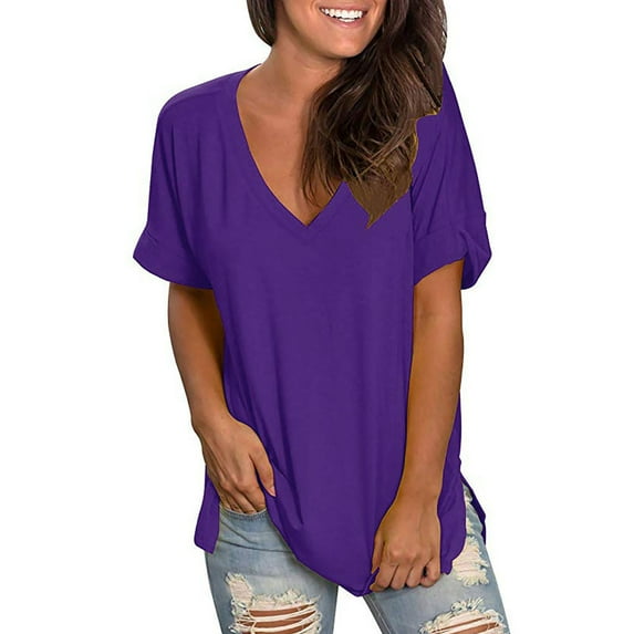 GSPCLAM Womens Plus Lightweight Shirt V Neck Short Sleeve Tops for Vacation Solid Color Breathable Fashion Tops and Blouses Purple S