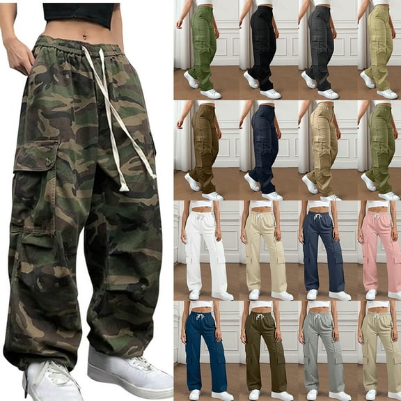 GSPCLAM Cargo Pants for Women Plus Size High Waisted Camo Pants Straight-Leg Drawstring Y2K Casual Streetwear with 6-Pockets