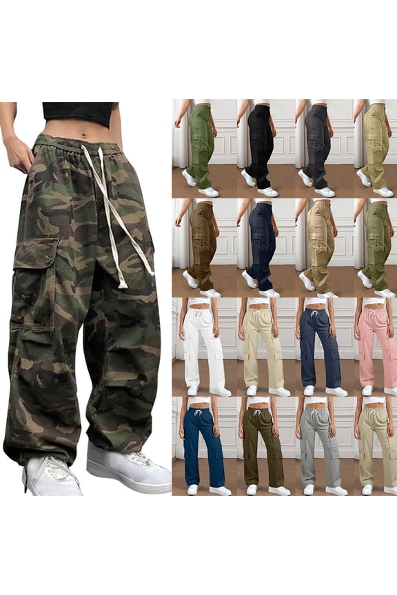 Cargo Pants for Women Plus Size High Waisted Camo Pants Straight-Leg Drawstring Y2K Casual Streetwear with 6-Pockets
