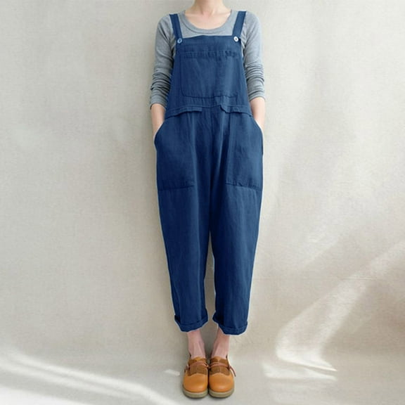 GSPCLAM Womens Plus Size Overalls with Pockets Cotton Linen Trousers for Taking a Walk Fall Solid Color 2025 New Trousers Dark Blue XL