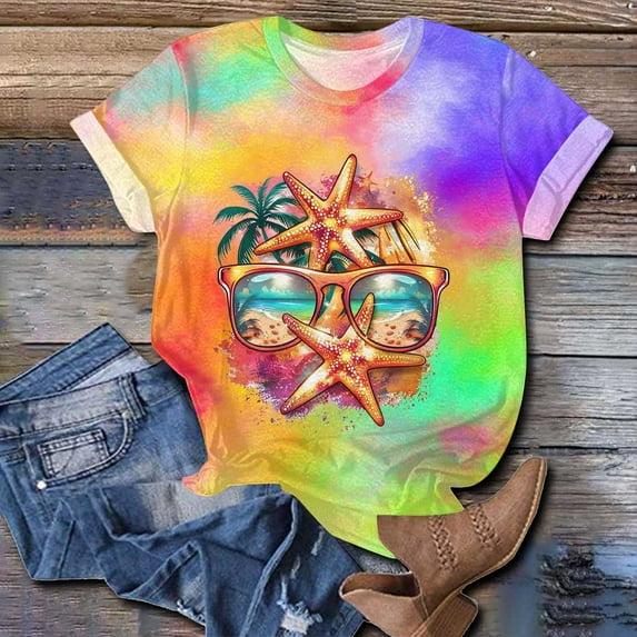 GSPCLAM Womens Print Tops Crew Neck Short Sleeve Tops for Holiday Summer Plus Size Beach Colorful Blouse Multicolor M