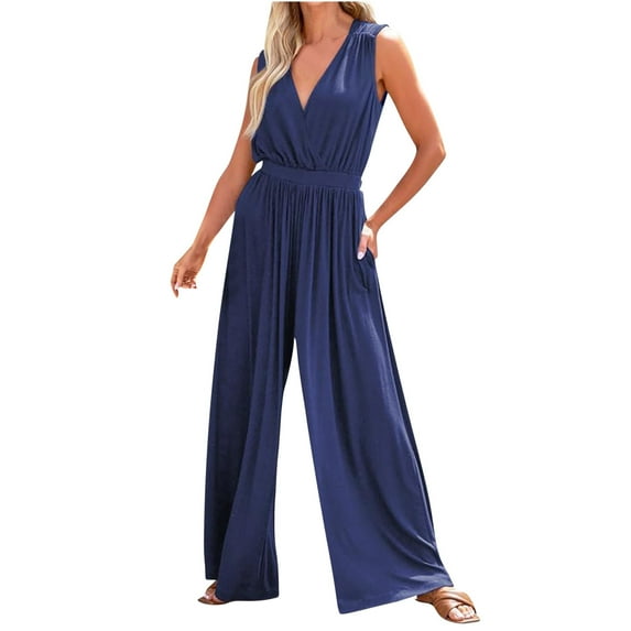 GSPCLAM Womens Solid Color Overalls Wide Leg V Neck Jumpsuits with Pockets for Work Fall Comfy Pants Navy S