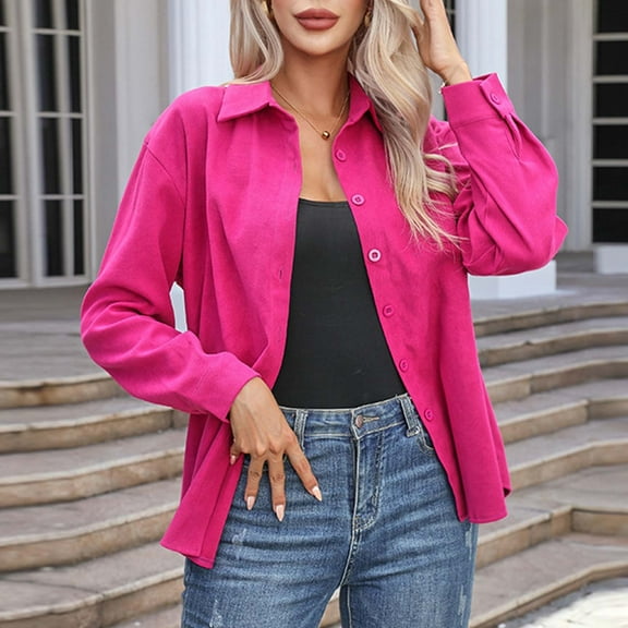 GSPCLAM Womens Solid Color Shirts Long Sleeve Turndown Collar Solid Color Blouses Dressy Casual Loose Fitting Fall Soft Tops Hot Pink S