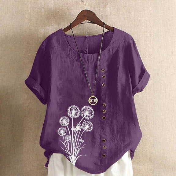 GSPCLAM Womens Summer Blouses Crew Neck Short Sleeve Plus Size T Shirts for Home Cotton Linen Floral Print Casual Tops Purple