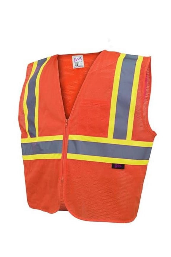 GSS 1006 Standard Class 2 Two Tone Zipper Orange Mesh Safety Vest With 2 Pockets, Large
