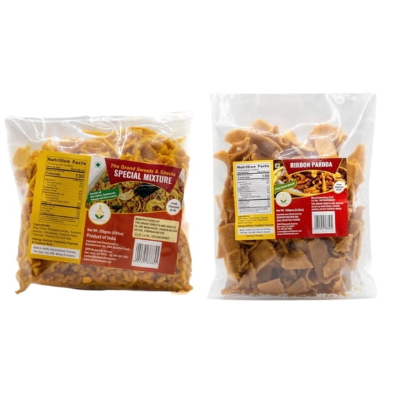 Grand Sweets and Snacks Savory Trail Mix, Ribbon Pakoda and Special Mixture, 250g, pack of 2