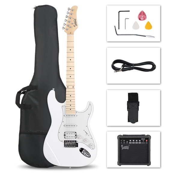 GST 6 String H-S-S Pickup Electric Guitar Kit Right Handed with 20W Amp, Carry Bag, Tremolo Arm, Guitar Strap, Wrench Tool (White)