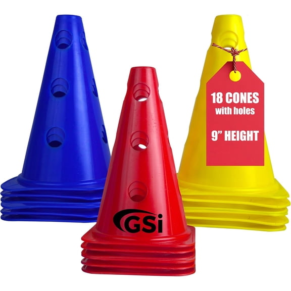 GSi 9-Inch Cones with Holes for Hurdle and Agility Training Stable in Wind, 18 Cones