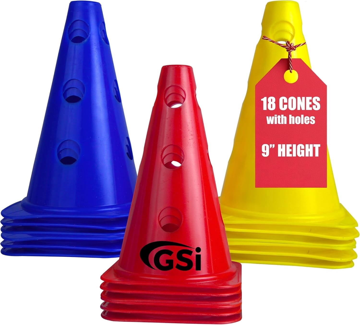 GSi 9-inch Training Cones with Holes – Set of 18 Durable Plastic Sports Cones for Agility, Soccer, Football & Fitness Training