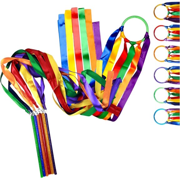 GSi Multi-Color Ribbon Combo Set  6-Pack Plastic Rings-6-Wands with Flowing Satin Ribbons for Dance, Movement Activities & Fitness Coordination