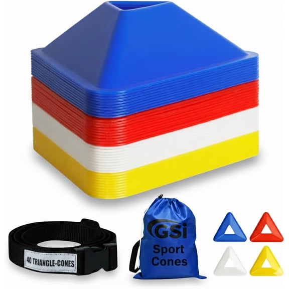 GSi 40-Pack Triangular Training Cones Flexible Agility Markers for Soccer, Football, Sports Drills & Kids Outdoor Activities