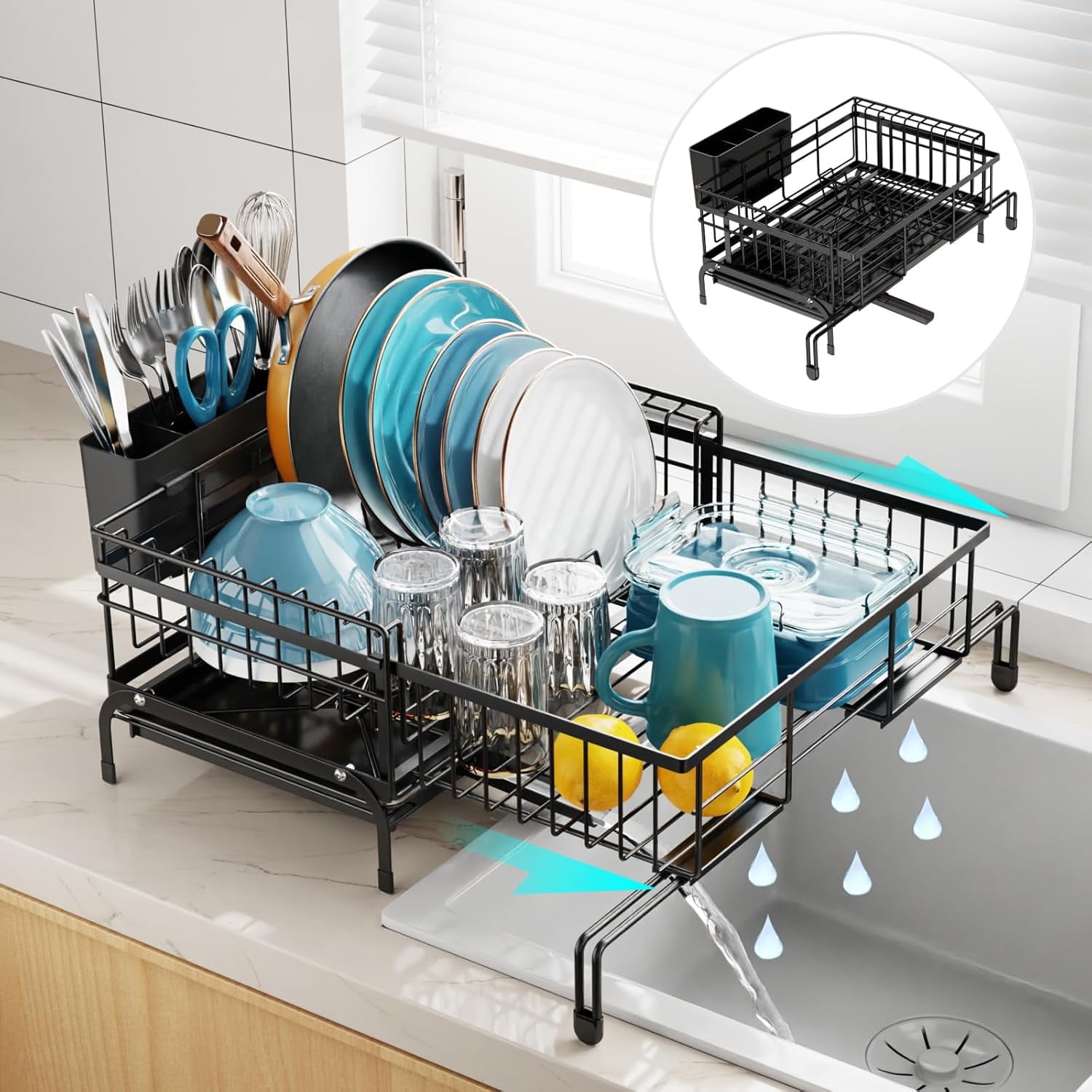 Expandable Dish Drying Rack - Anti-Rust 2-in-1 Dish Racks for Kitchen Counter and Sink, Compact Dish Drainer with Pan Slot, Dish Rack with High Raised Edges for RV and Apartment, Black
