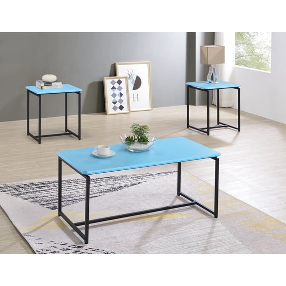GT 3 Piece Blue Carbon Fiber Wrap Coffee Table and End Table Set - Metal - Blue - Durable Performance Design - Modern Living Room - Stylish Statement
