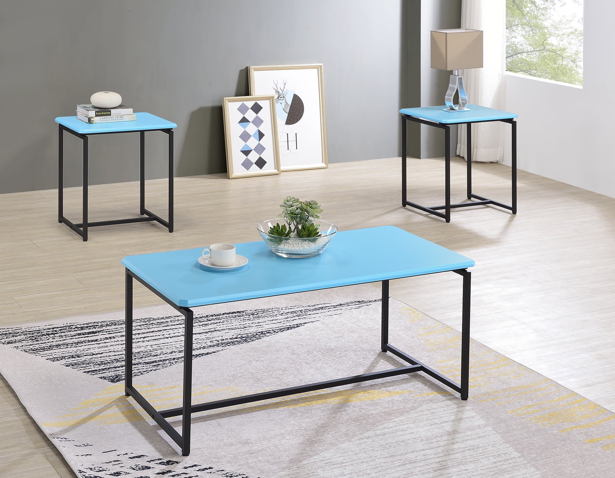 Blue Carbon Fiber and Metal 3-Piece Coffee and End Table Set