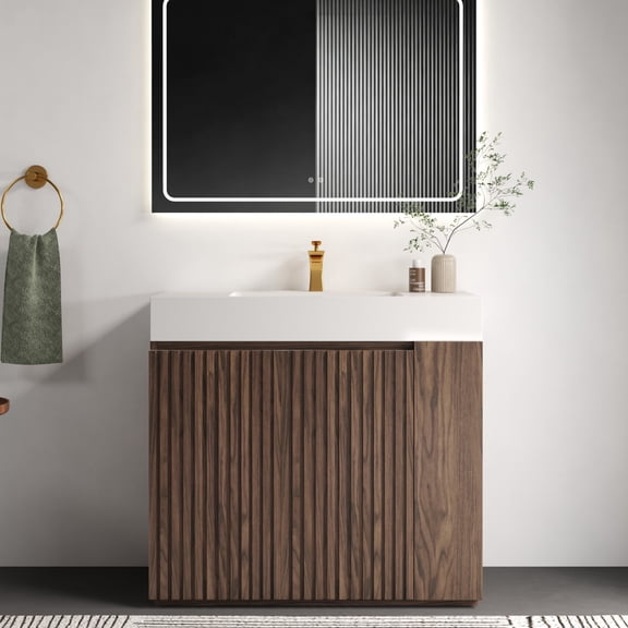 GT 36" Walnut Bathroom Vanity with Sink, Large Storage Freestanding Bathroom Vanity for Modern Bathroom, One-Piece White Solid Surface Sink Basin