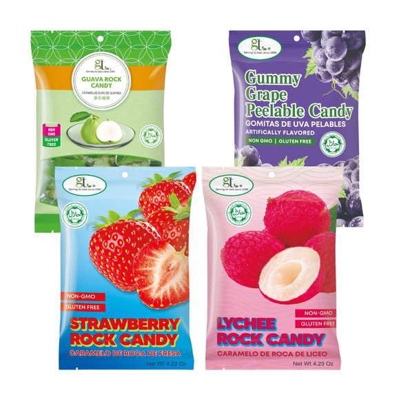 GT 4 Pack Tropical Sweets Collection, Guava, Strawberry, Lychee Rock Candy, and Gummy Grape Peelable Candy, 16.4 oz