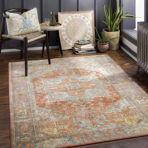 Surya Leicester Traditional Style Low Pile 100% Polyester Area Rug, 5' x 7' Rust, Dusty Coral, Green, Dark Blue, Denim, Wheat Pet Friendly, Ind/Out, Machine Woven Stain Resistant, LEC2306-537
