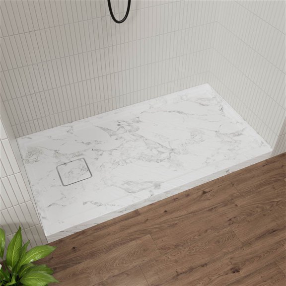 GT 60" x 32" White Acrylic Shower Base, Single Threshold Shower Pan, Left Drain, Slip-Resistant, White Mable with Rock Pattern