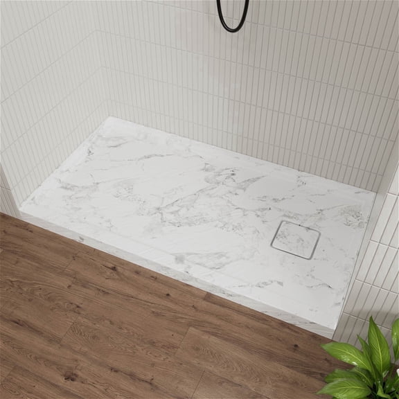 Giving Tree 60" x 32" Acrylic Shower Base, Single Threshold Shower Pan, Right Drain Slip-Resistant, White Mable with Rock Pattern