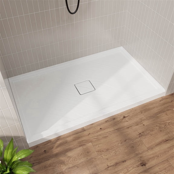 Giving Tree 60" x 36" Acrylic Shower Base, Single Threshold Shower Pan, Center Drain Hole, Slip-Resistant, Matte White with Rock Pattern