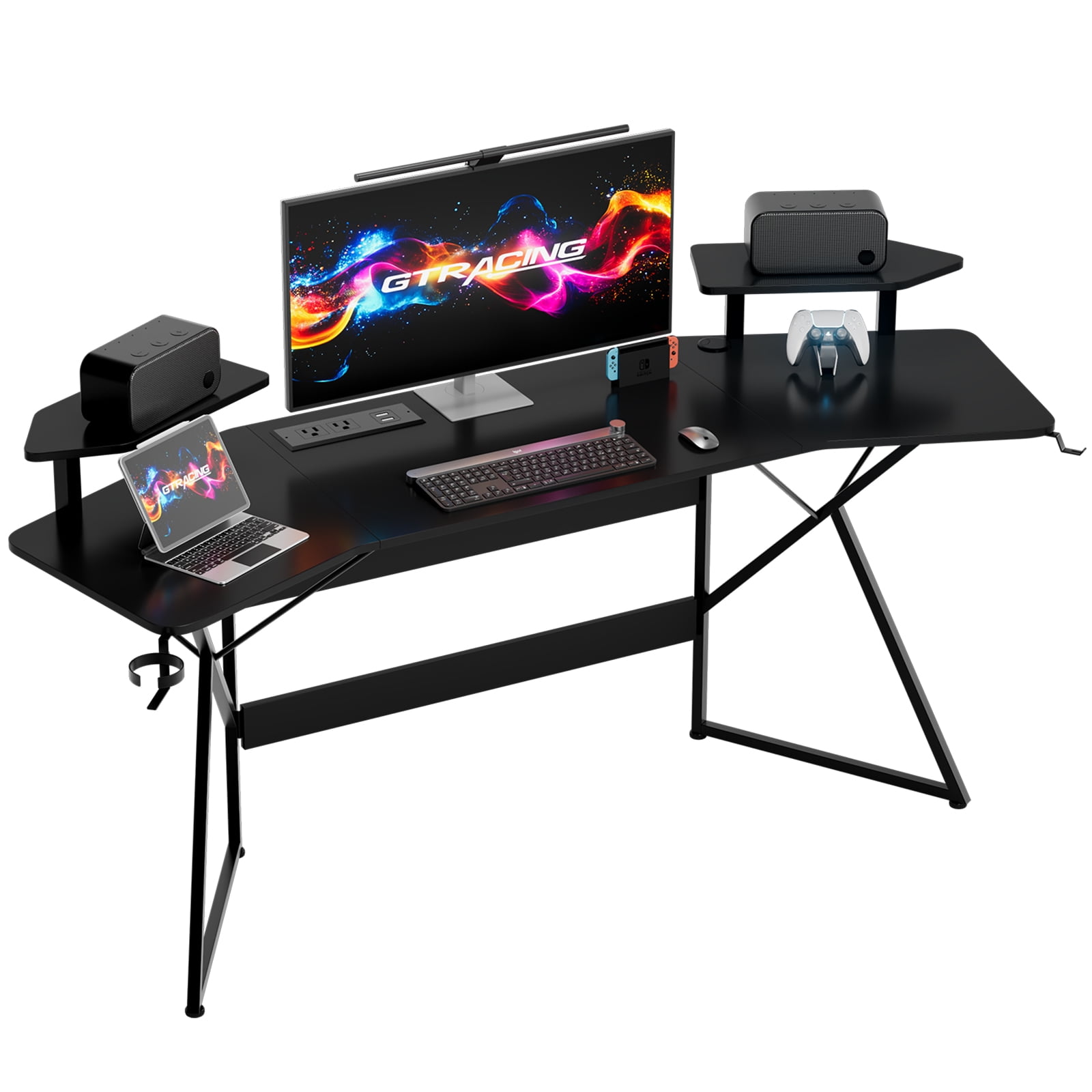 GTRACING Wing-Shaped Gaming Desk with Power Outlet, RGB LED Lights, Removable Monitor Stand, Full-sized Mouse Pad, Headphone Hook & Cup Holder, Black