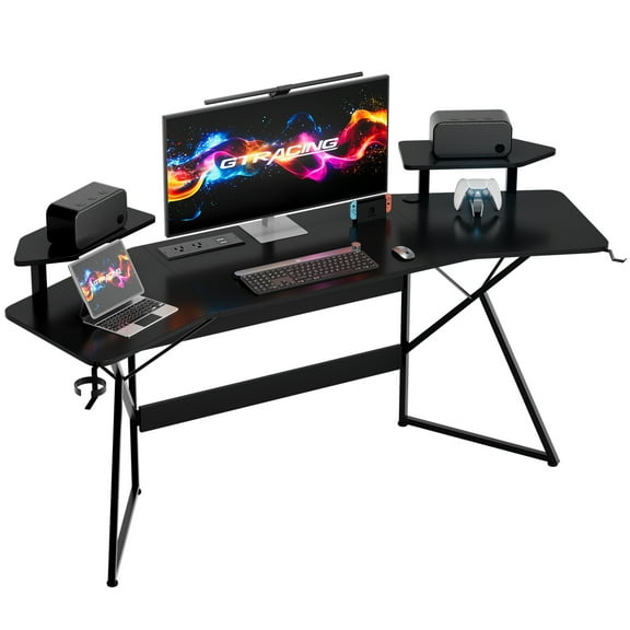 GTRACING Wing-Shaped Gaming Desk with Power Outlet, RGB LED Lights, Removable Monitor Stand, Full-sized Mouse Pad, Headphone Hook & Cup Holder, Black
