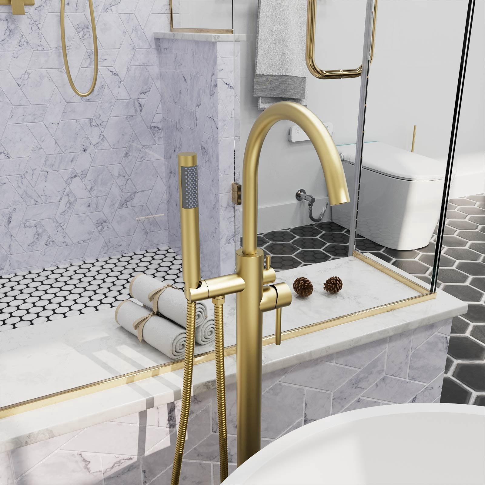 GT Freestanding Tub Faucet, High Flow Independent Free Standing Bathtub Faucet with Handheld Shower & Gooseneck Spout, 360°Swivel Tub Filler, Brass Body, Brushed Gold