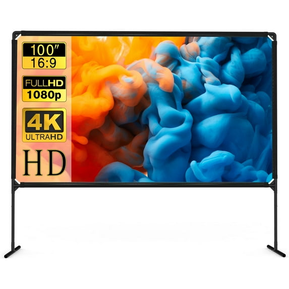 GT GETCO TECH Portable Projector Screen and Stand, 100 inch Outdoor Projector Screen, 16:9 4K HD Movie Screen, Support Double Sided Projection