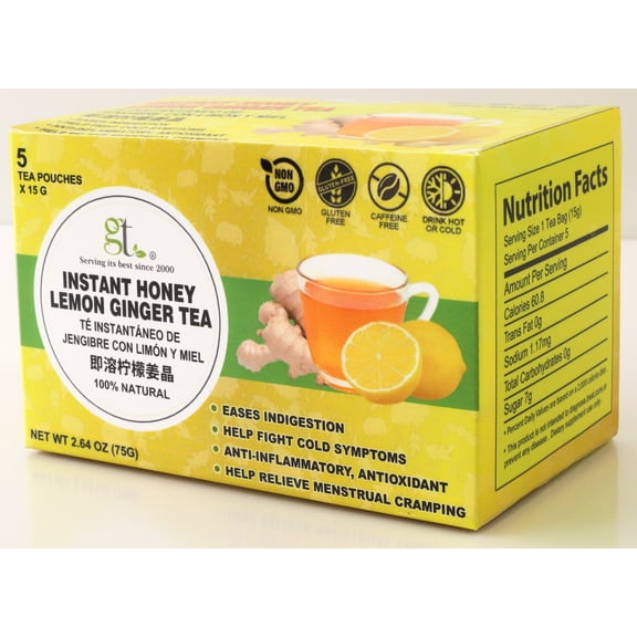 GT Instant Honey Lemon Ginger Tea (5 Tea Pouches) 2.64 Ounce Box