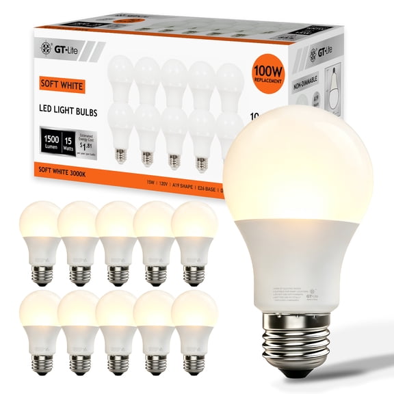 GT-Lite 10-Pack 1500 Lumen LED A19 Bulb 100W Equivalent E26 3000K