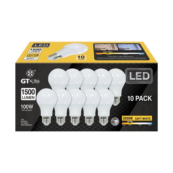 GT-Lite 10-Pack 1500 Lumen LED A19 Bulb 100W Equivalent E26 3000K