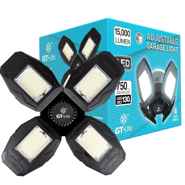 GT Lite 130W LED Garage Light Bulb 15000 Lumen Garage Ceiling LED Lights with 4 Adjustable Panels E26 LED Shop Lights for Garage Basement Barn
