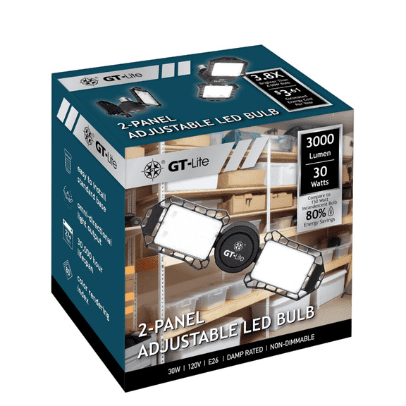GT-Lite LED Garage Light 30-Watt 3000 Lumen, Adjustable 2-Panel Bulb, 150-Watt Equivalent, 5000K Daylight, E26