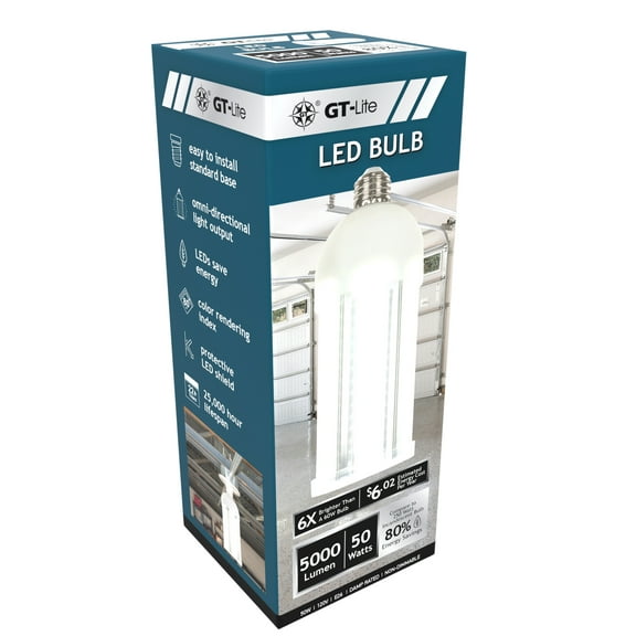 GT-Lite 50W LED Cob Light Bulb for Garages and Workshops, 5000 Lumens, 5000K Daylight, E26 Base