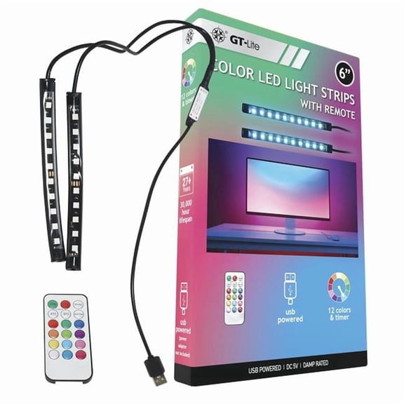 GT-Lite GT-LTP-BAR Color LED USB Light Bars with Remote, 2 Light Strips, Adhesive Tape