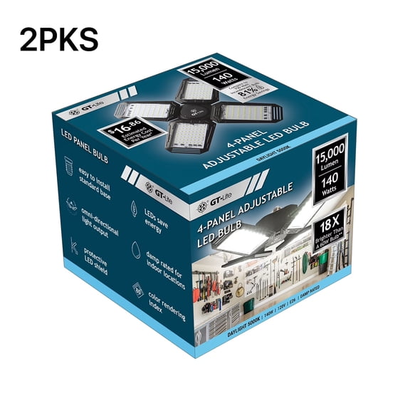 GT-Lite LED Garage Light 140-Watt 15,000 Lumen, Adjustable 4-Panel LED Light, 2PKS