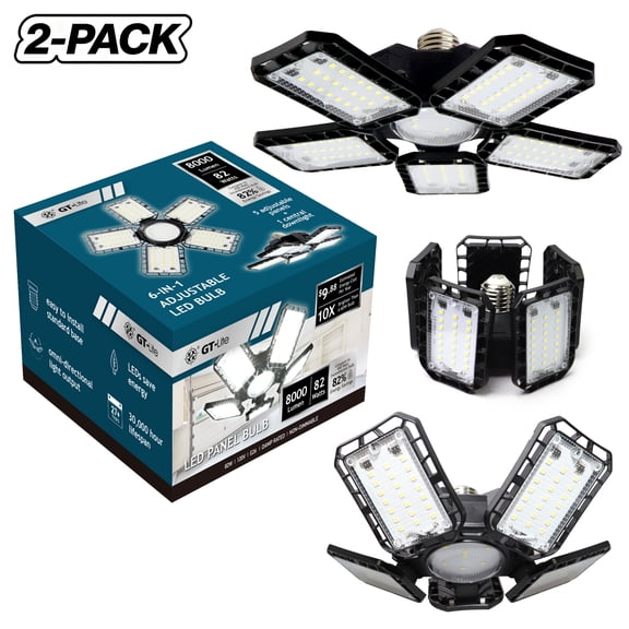 GT-Lite LED Garage Light 8000 Lumen LED 5-Panel Adjustable Bulb, 5000K Daylight, 2PKS