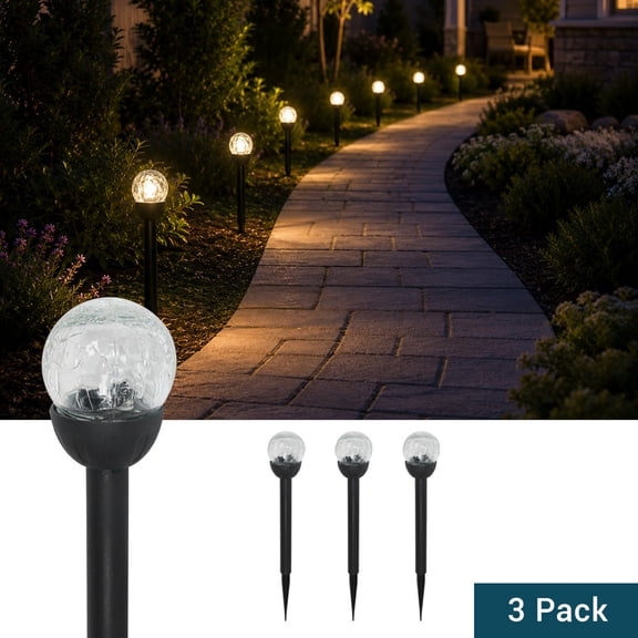 GT-Lite Solar-Powered LED Path Light, Crackle Glass Ball, 3-Pack