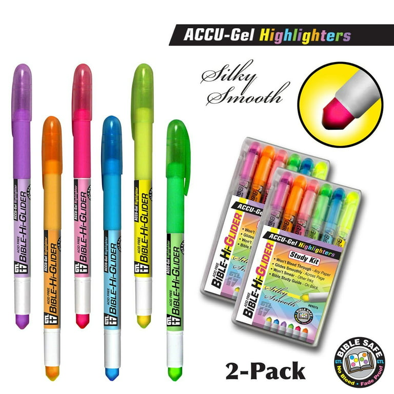 U.S. Office Supply Bible Safe Gel Highlighters, Pack of 12 - Set with 6 Bright Neon Yellow Highlight Colors Plus 6 Colors, Orange, Pink, Purple, Green