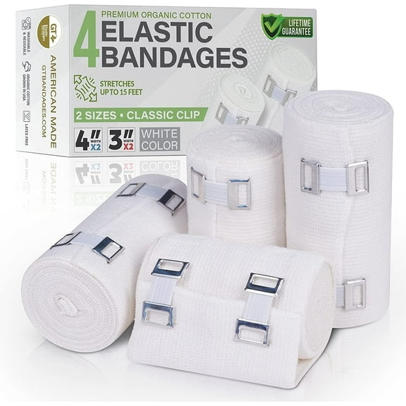 Premium Elastic Bandage Wraps (Set of Two 4 inch & Two 3 inch Wraps) - Made of Grown Soft Woven Cotton - Metal Clip Fasteners - GT Latex Free Roll for Sprains & Injuries (White)