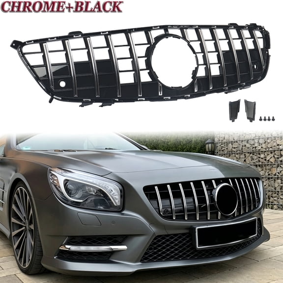 GT Style Grill For 2012 2013-2016 Mercedes R231 SL350 SL600 Front Grille Chrome+Black