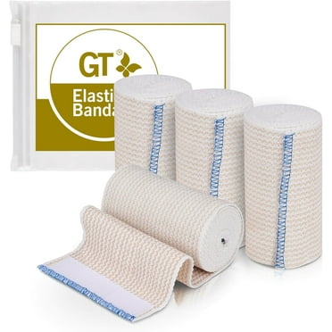 GT USA Cotton Elastic Bandage Wrap (4" Wide, 4 Pack) | Hook & Loop Fasteners at Both Ends | Latex Free | Hypoallergenic Compression Roll for Sprains & Injuries