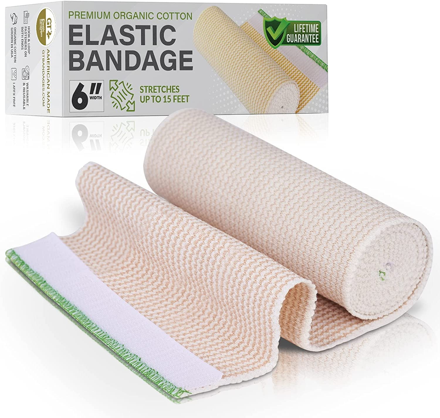 GT USA Organic Cotton Elastic Bandage Wrap (6" Wide, 1 Pack) | Hook & Loop Fasteners at Both Ends | Latex Free | Hypoallergenic Compression Roll for Sprains & Injuries