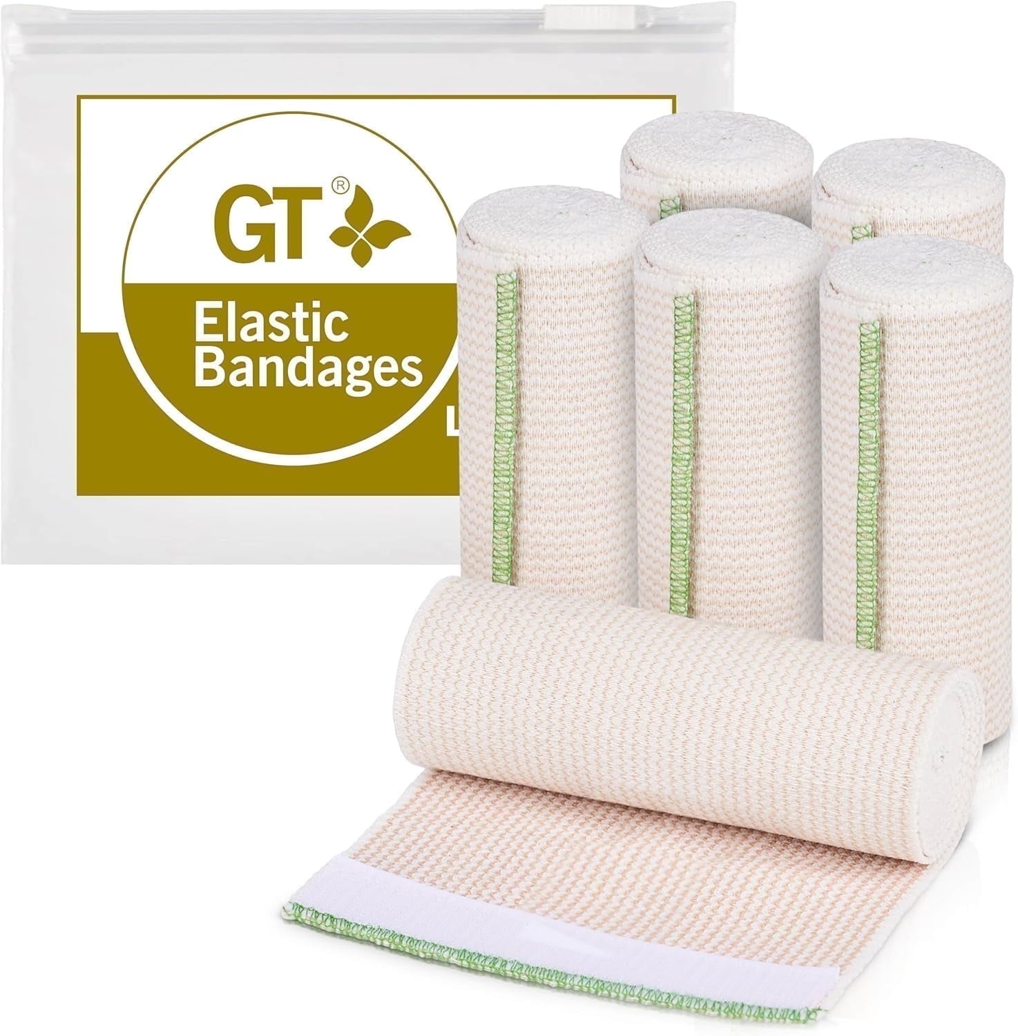 GT USA Cotton Elastic Bandage Wrap (6" Wide, 6 Pack) | Hook & Loop Fasteners at Both Ends | Latex Free | Hypoallergenic Compression Roll for Sprains & Injuries