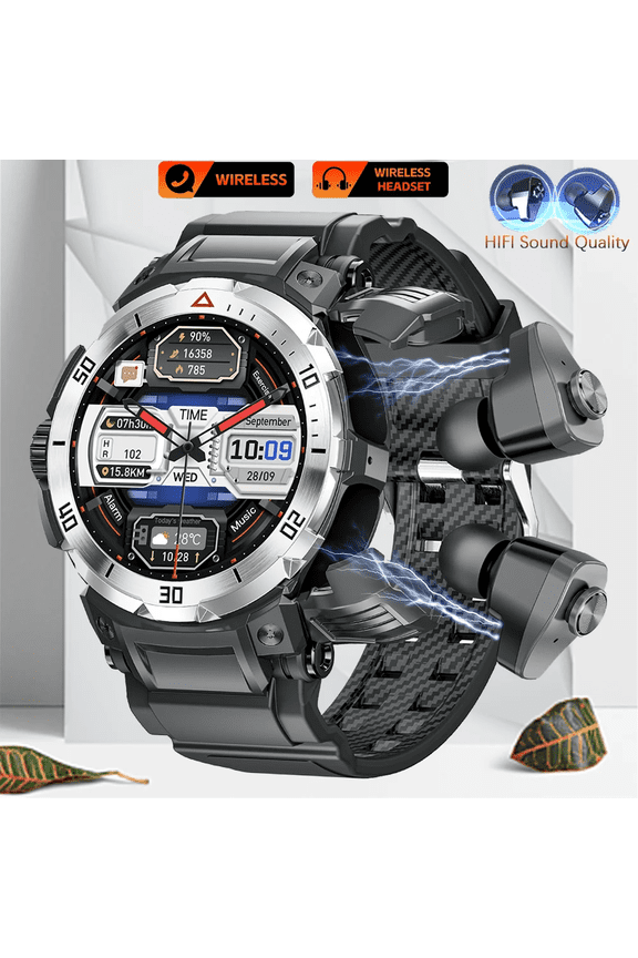 GT100 Pro 2-in-1 Smart Watch Built-in TWS Earbuds Bluetooth Calling Sports Fitness Activity Tracker IP67 Waterproof Sports Smart Wristwatch for Men Compatible with Android iOS