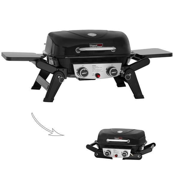 GT2005 2 Burner Portable Propane Gas Grill with Foldable Side Tables & Foldable Support Legs, Tabletop Gas Grill with Warming Rack for Outdoor Cooking & Grilling, Black
