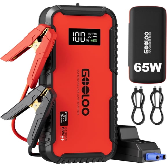 GT3000 Jump Starter, 65W Quick Charge, 3000A Battery Jumper Starter Portable, 12V SuperSafe Lithium Booster(8.5L Gas/6.0L Diesel), Box Pack with Cables